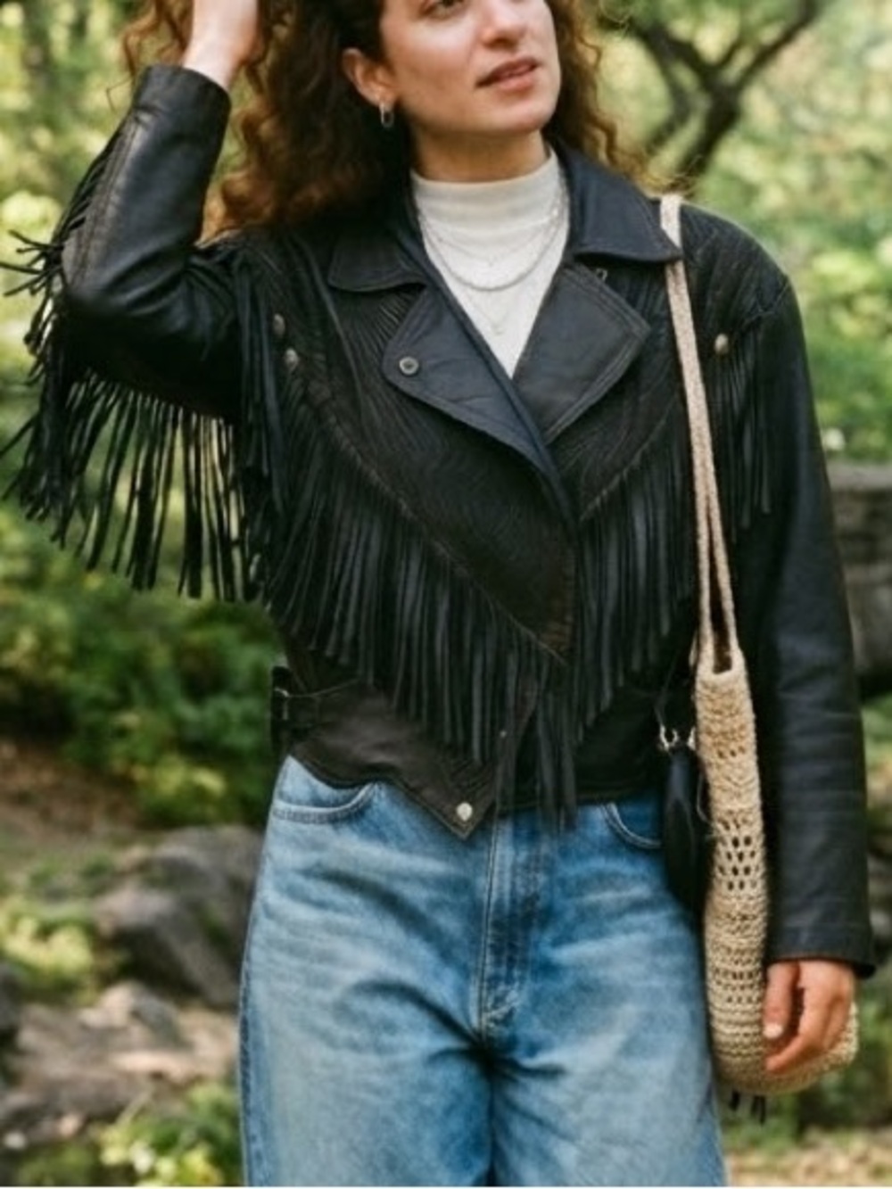 Vintage Chia Leather Fringe Crop Jacket Moto Western Black Embossed  L Moto